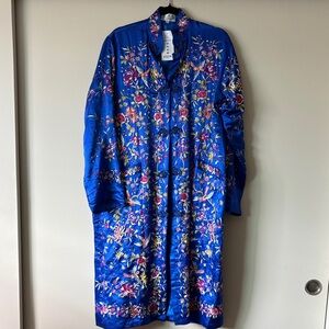Blue 100% Silk Embroidered Floral Robe by Jian Yuan